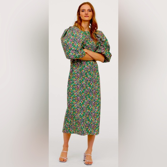 Isabel Marant pour H&M Floral Midi balloon sleeve Dress - Green and Pink - Picture 5 of 9